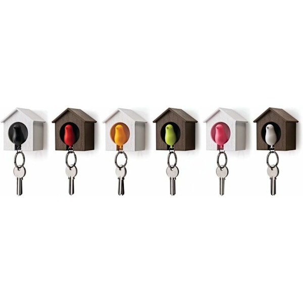 Nøglering med træhus og spurv + nøgleholder + fløjte (Hvidt hus + grøn fugl)
