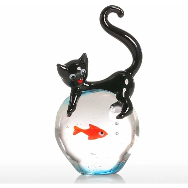 Glasskulptur med katt og gullfisk - Papirvekt - Kattkrystallstatuett - Håndlaget - Dyrefigurer - Dekorative glasspynt - Stue