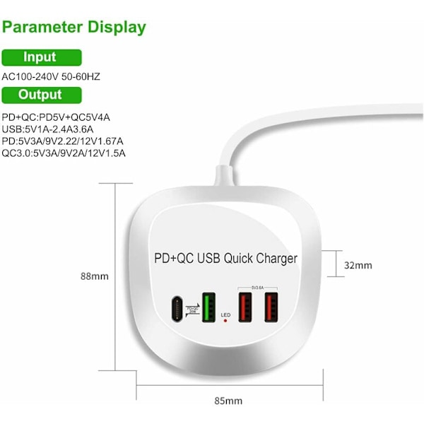 USB C Hurtigoplader, USB PD QC 3.0 Hurtigoplader 4 Port Multi USB Strømadapter til Iphone iPad