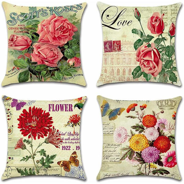 Utekussedekke, sett med 4 vanntette klassiske blomstermønster sofa putetrekk for uteplass hage stue soverom dekorasjon, 45x45cm