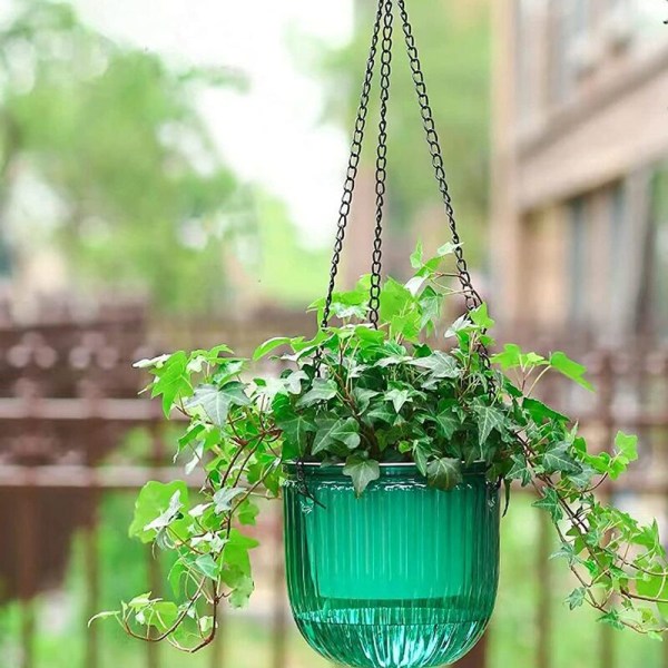 2-pack självvattnande krukor för inomhusbruk, hängande blomkrukor, 6,5 tum utomhus hängande blomkrukor korg (smaragdgrön)
