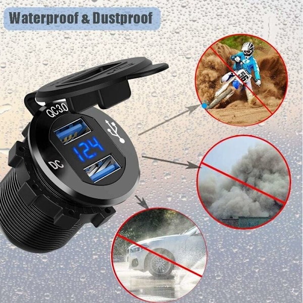 USB Hurtig Billader til Bil To QC3.0 USB Porte, 12V/24V 36W Vandtæt med LED Digital Voltmeter til Motorcykel, Campingvogn, Lastbil, Båd og Mere