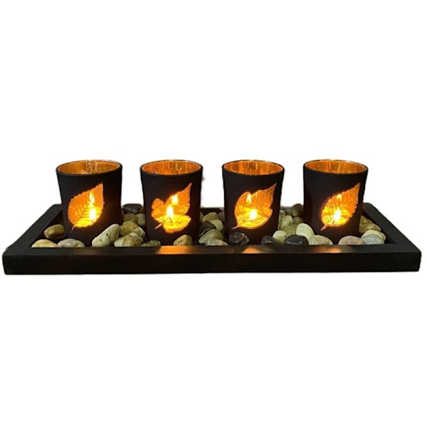 Trä Svart Blad Ihålig Ljusstake Kreativ Set Glas Ljus Bord Hantverk Dekorativa Prydnader Heminredning