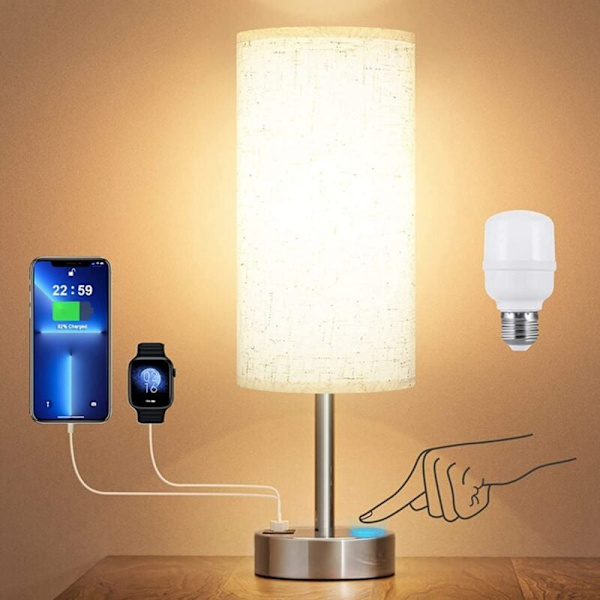 Sängbordslampa Touch Control Skrivbordslampor med USB-C USB-A Laddningsport USB-lampa Lampskärm Studie EU-kontakt
