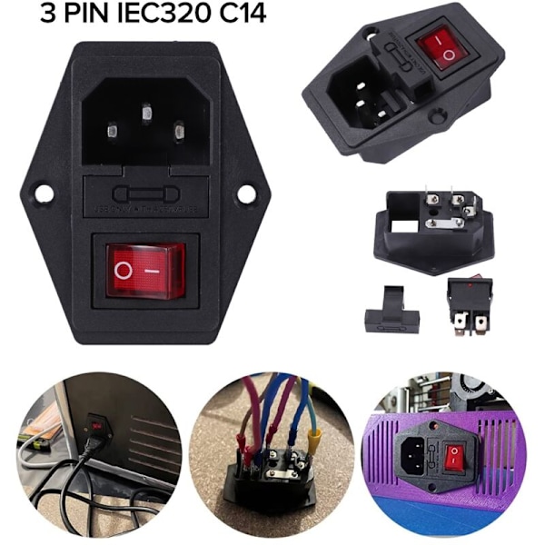 3-pin IEC320 C14 sikringsbryter og stikkontakt 10A 250V utvidelsesmodul