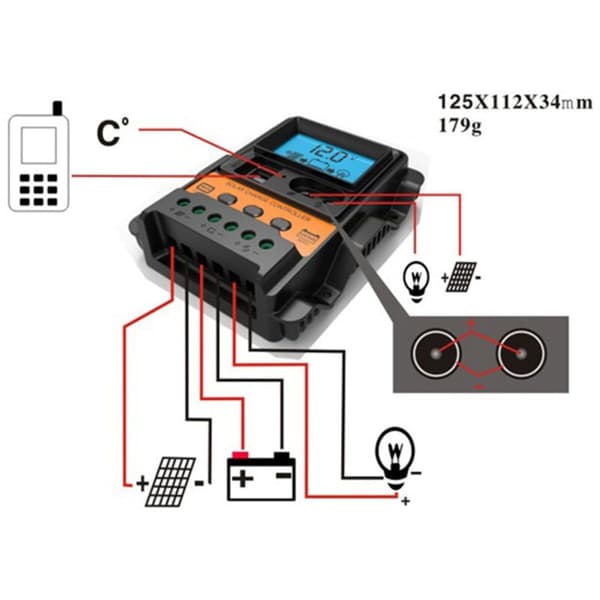 30A Solcellelader 12V24V Solpanel Batterilader Auto Regulator 2 USB LCD Display Lade Utlader