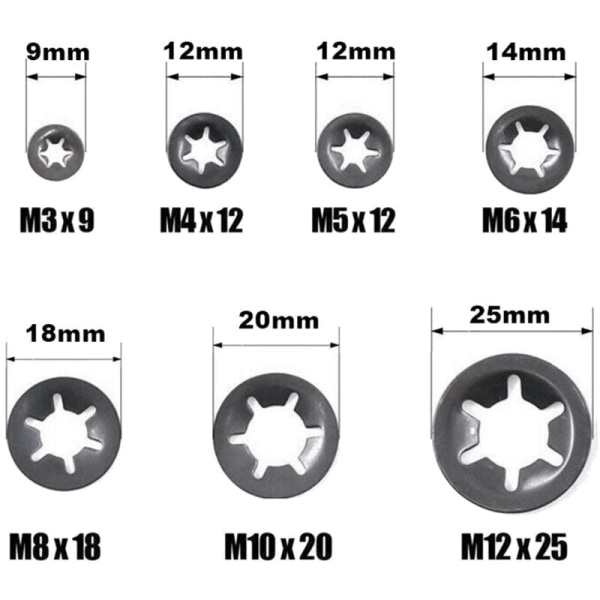 340 stk. M3M4M M6M8M10M12 hul fastgørelsesring bjørneklemme 65 Mn stål stjernesikring låseskive sortimentssæt