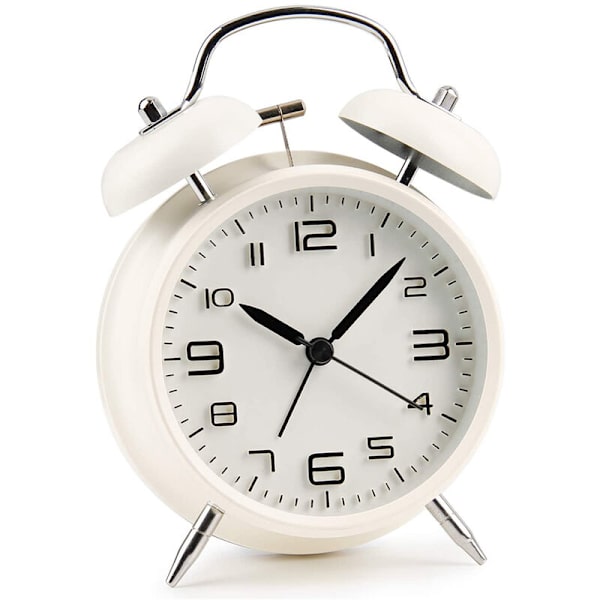 Dubbel Klocka med Nattlampa, Stor Urtavla på 4 Tum, Analog Kvartsväckarklocka med Hög Alarm, Tickfri, Ljudlös Vit