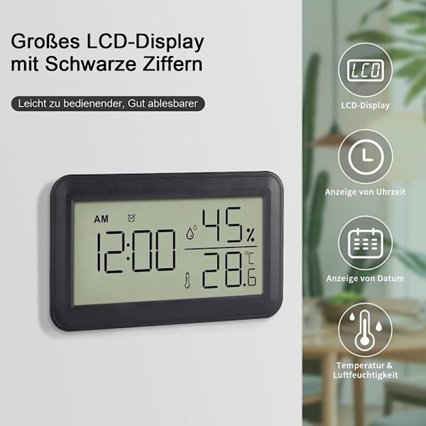 Inomhus Hygrometer Termometer med Väckarklocka, LCD Digital Termometer, för Sovrum, Vardagsrum, Vinkällare (Svart)