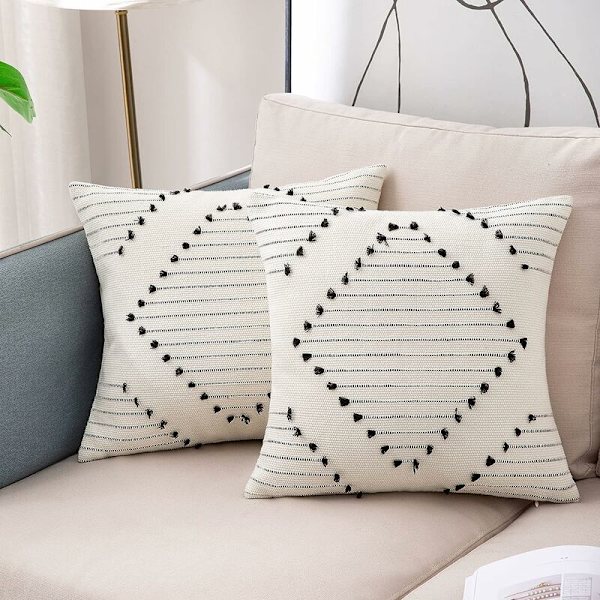 Set om 2 kuddfodral 45x45cm, bohemisk dekorativ kudde modern vävd fyrkantig örngott för soffa sovrum vardagsrum, svart och vit