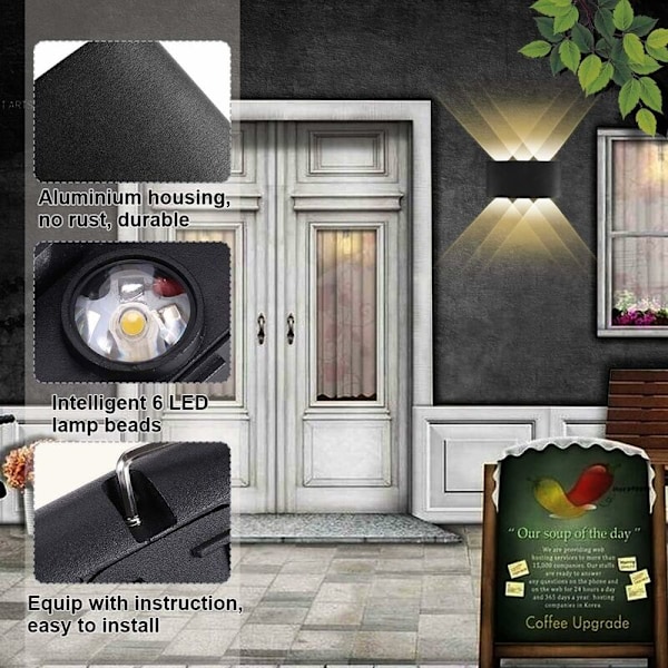 6W Aluminium LED Indendørs Vægskinne, Moderne Vægslampe Op/Ned Spotlampe til Stue Soveværelse Gang Trappe Gangsti (Varmt Hvid) - Sort