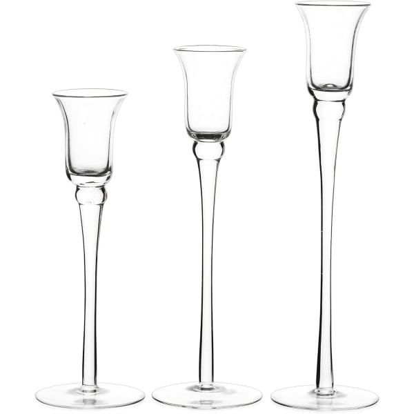Ljushållare Glas Clear - Hög Ljusstake Kristall Set med 3 för Taper CandleStick Modern Deco Elegant Evenemang Fest Bröllopsbord Mittpunkt Xmas