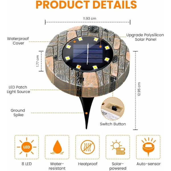 Solcellelys Udendørs Have Jordlys Solcelle Jordlys Solcelle Indbyggede Spotlight 8 LED Belysning 3000K Varmt Hvid Vandafvisende IP65 Harpiks Form