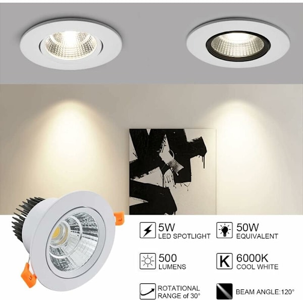 6 x LED Indbyggede Spotlight, 5W COB Indbyggede Loftlampe, Kold Hvid 6000K, 500LM, AC 220-240V, Ra≥90, Stråle Vinkel 24°, IP44, Til Badeværelse, Køkken,