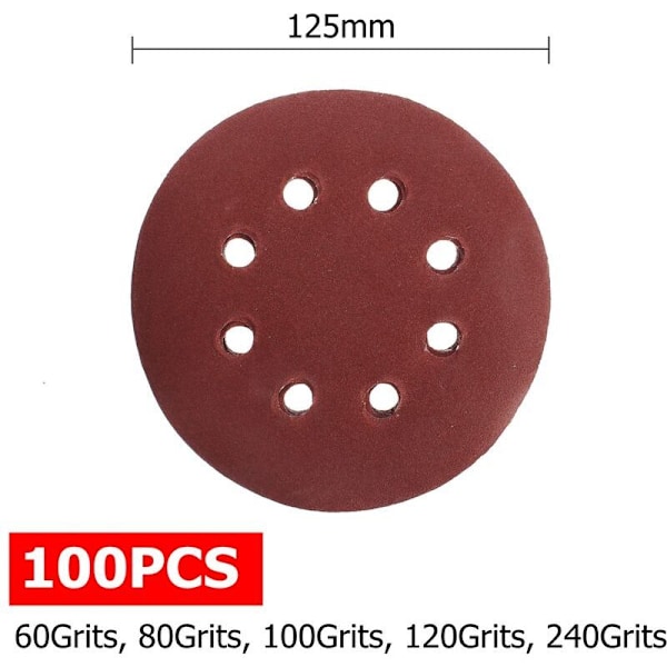 125mm 60 80 100 120 240 Slibeskiver Rund Form Plade Polering 8 Huller Rund Form (100stk)