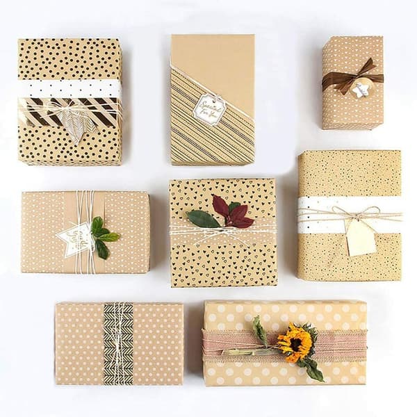 Kraft presentpapper set, 12 ark brunt fläckigt mönstrat prickigt randigt gallerpapper för semesterbröllopsförpackning