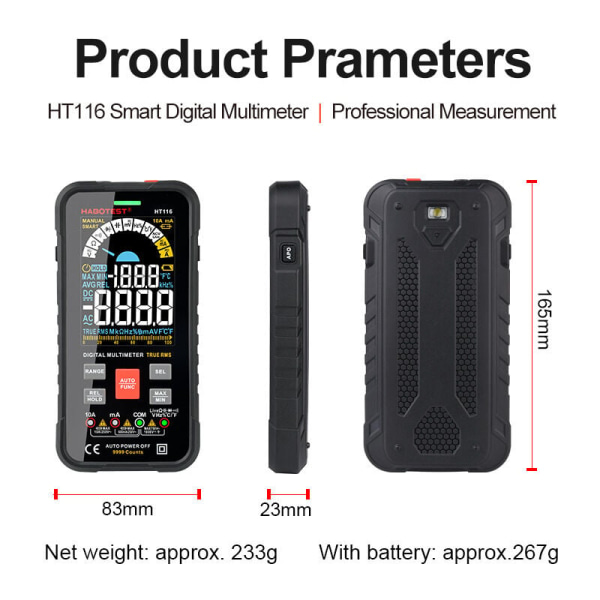 Digitalt multimeter med automatisk rekkevidde 10000 teller, digitalt multimeter, amperemeter, ohmmeter, voltmeter, strømstyrkemåling spenningsmotstand kontinuitet