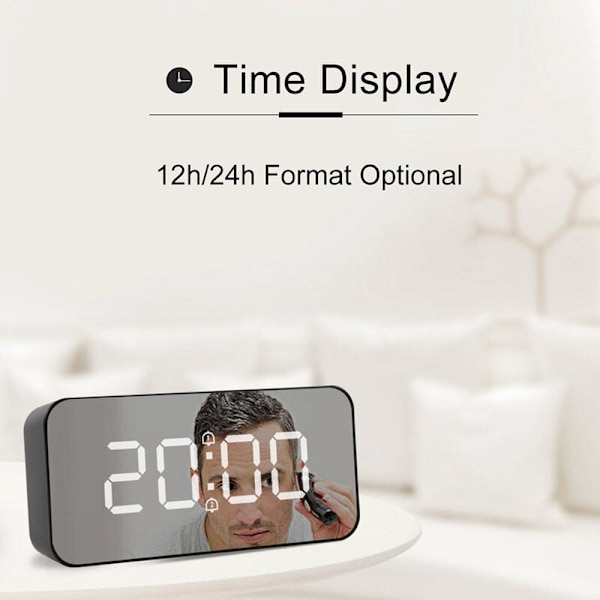 LED Digitalt Vækkeur Stort Tidstemperatur Display Spejl Snooze Bord Automatisk Elektroniske Ure Baggrundsbelysning (Sølv)