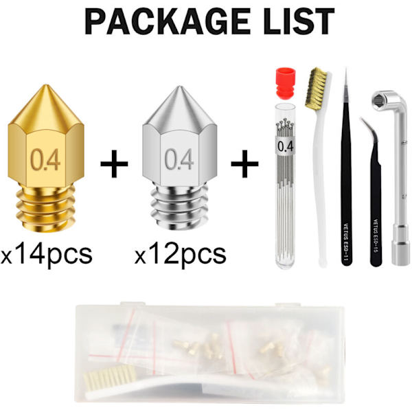 3D Printer Dysenkit, 24 Dele 0,4 mm 3D Printer Ekstruder Dyser til MK8 + Pincet Nøgler