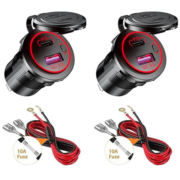 2X USB PD Type C & QC 3.0 Biloplader til Bil 12V Stikkontakt med ON/OFF Afbryder til Motorcykel RV ATV, Rød