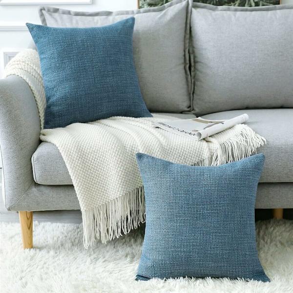 Kuddfodral, Set om 2 Ren Färg Linne Soffa Kuddfodral för Hem Vardagsrum Sovrum Heminredning (Blå, 45x45cm)