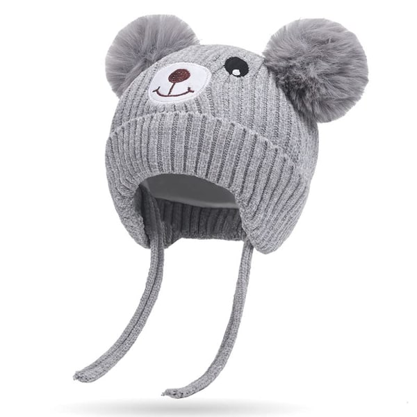 Söpö karhulasten talvifleecevuorattu neulottu hattu korvaläpäillä Double Pom Pom -pipo korvaläpäillä Kylmän sään lämmin hattu 1-5-vuotiaille (harmaa)