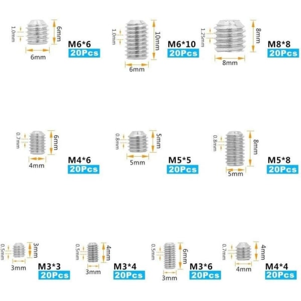 200 stk. innvendige sekskant skruer i rustfritt stål, sett med metriske sekskant skruer uten hode, profesjonelt metalltilbehør M3 M4 M5 M6 M8--