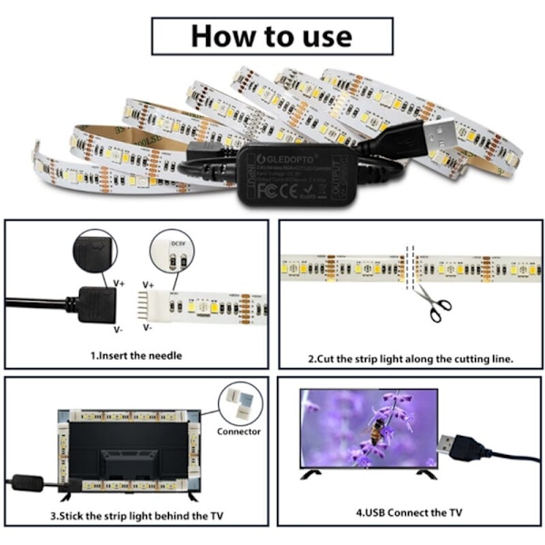 GLEDOPTO USB LED-remsa RGBCCT TV-bakgrund 2M Smart Strip Zigbee-remsa Mini-kontroller Fungerar med Amazon Alexa Echo Plus