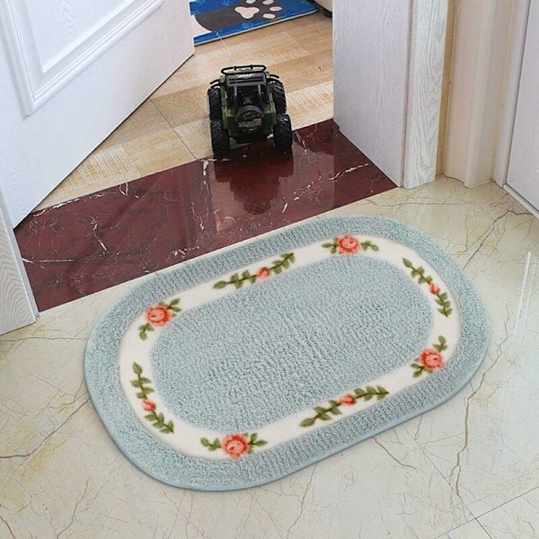Blomsterdørmatte, Myk Mikrofiber Sklisikker Velkomstdørmatte, Oval Baderom Matte med Privat Inngang 20 '' x 32 '' (50x80 cm) - Blå