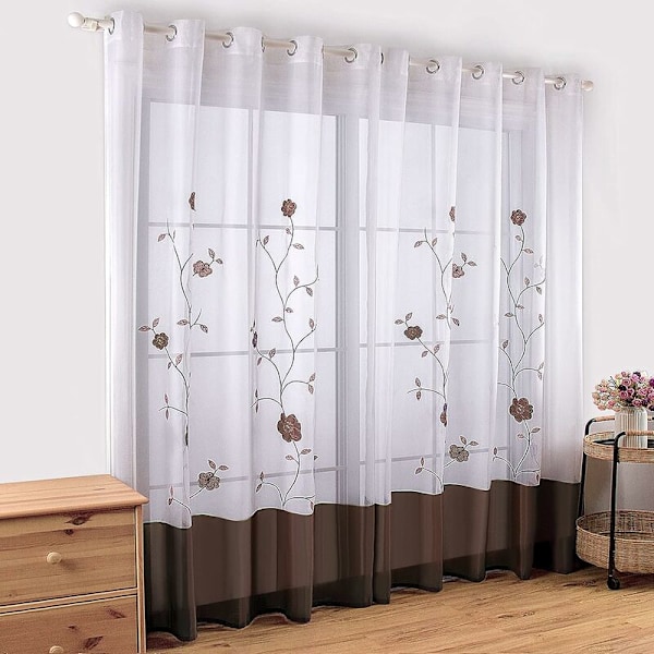Set med 2 gardiner med öljetter, blommig broderad spets för sovrum, kök, vardagsrum, 140 cm x 225 cm, brun-solig