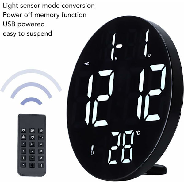 LED Digital Klocka, Modern Rund Klocka Stativ Väggmonterad, 12 Timmars USB-driven Tyst Klocka, för Vardagsrum, Sovrum, Klassrum, Kontor