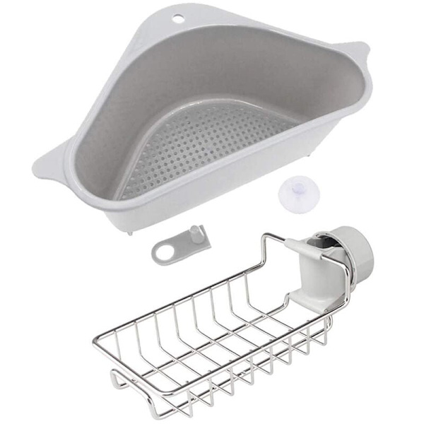 Diskho sil, diskbänk sil korg och metall kök svamp hållare set, avlopp bricka diskho förvaring rack med sugkopp för stöd