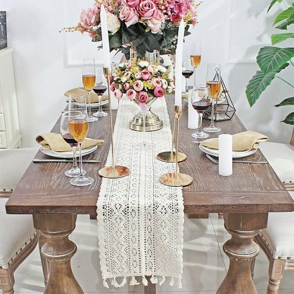 Beige Makrame Bordløber Rektangulær Hæklet Blonder Elegant Hulmasket Dug Til Rustik Bohème Bryllupsdekoration Brude- Og Baby Shower Dekoration Ta