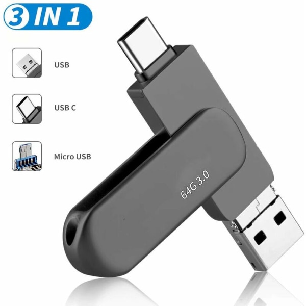 HUGERSTONE USB C Flash Drive 64 GB USB Flash Drive 3 i 1 USB Flash Drive, USB 3.0 Type-C Flash Drive, Memory Stick för MacBook Pro, Android Mobile