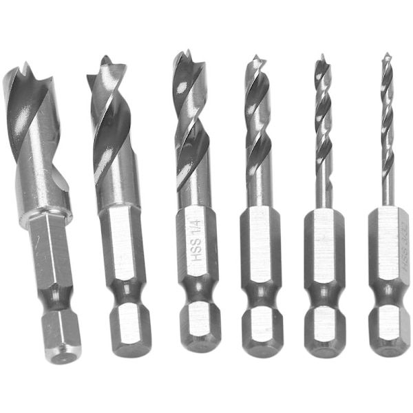 6 st HSS SAE-serie spetsiga korta borr för trä med 1/4 tums sexkantsfäste byte 3/32 1/8 3/16 1/4 5/16 3/8