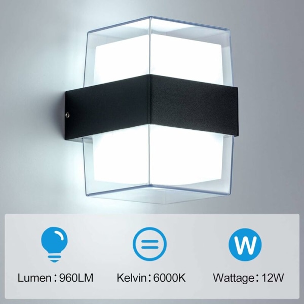 1 st 12W LED utomhusvägglampa kallvit lampa vägglampa, vattentät IP65, lämplig för trädgårdar, terrasser och ytterväggar 10 x 10 x 13,5 cm -