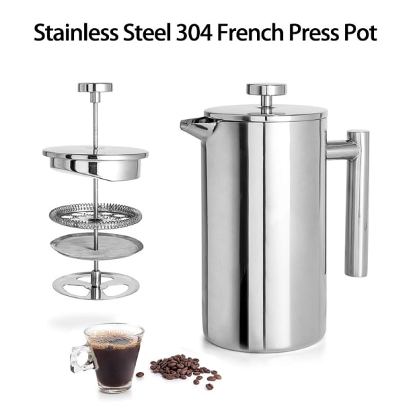 French Press -kahvinkeitin, 304-luokan ruostumattomasta teräksestä eristetty kahvipuristin kahdella lisäsuodattimella