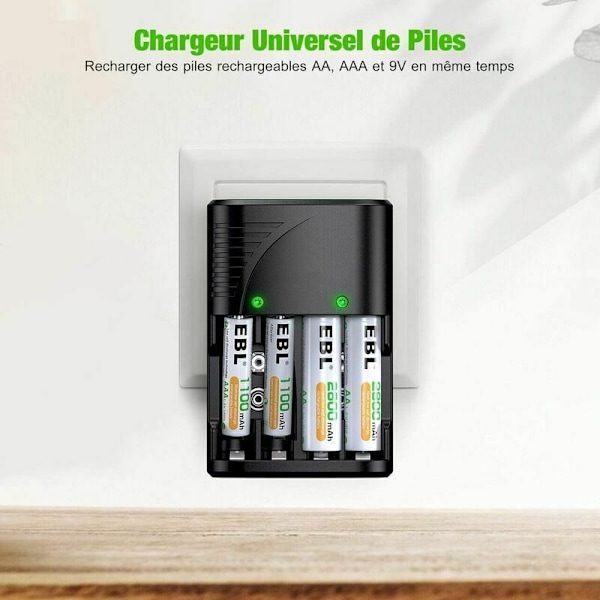 Universal Batterioplader til AA/AAA/9V, 6802 Hurtigoplader til AA/AAA eller 9V NI-MH Genopladelige Batterier, med LED-indikator, Verdensomspændende Spænding.-