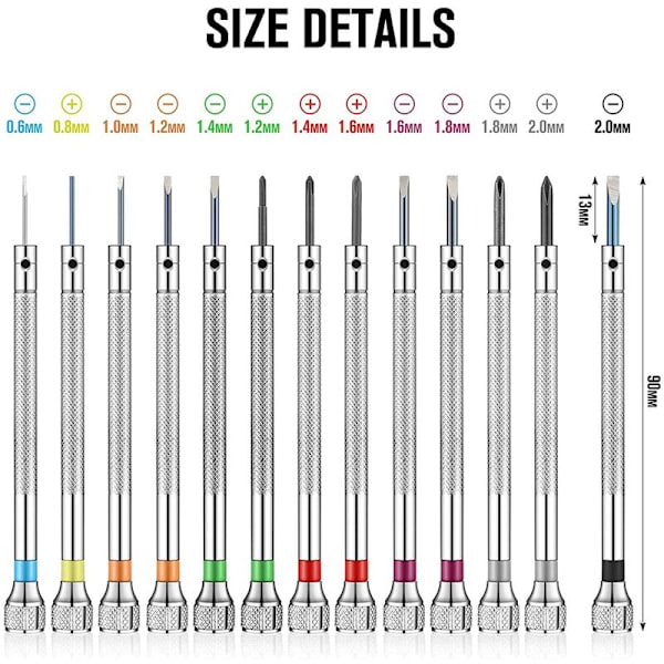 13-delad mini precisionsurskruvmejselset, juvelerarskruvmejsel 0,6-2,0 mm med 13 extra utbytesblad
