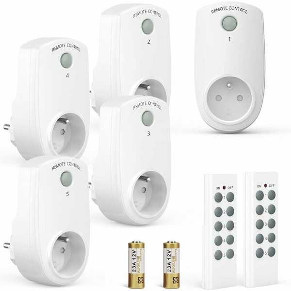 5-pack programmerbara elektriska uttag, trådlös fjärrkontrolluttag med 2 fjärrkontroller 2 batterier ingår, 30M avstånd öppet område kontroll, O