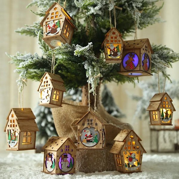 Festival LED Ljus Hus Trä Julgran Dekorationer för Hem Hängande Ornament Fairy Light Jul Bröllop Present Dekor Navidad-E