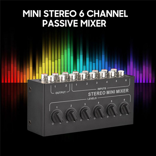 CX600 Mini 6-kanals stereo passiv mixer, bärbar RCA-ljudmixer, 6 in 2 ut stereodistributör, volymkontroll