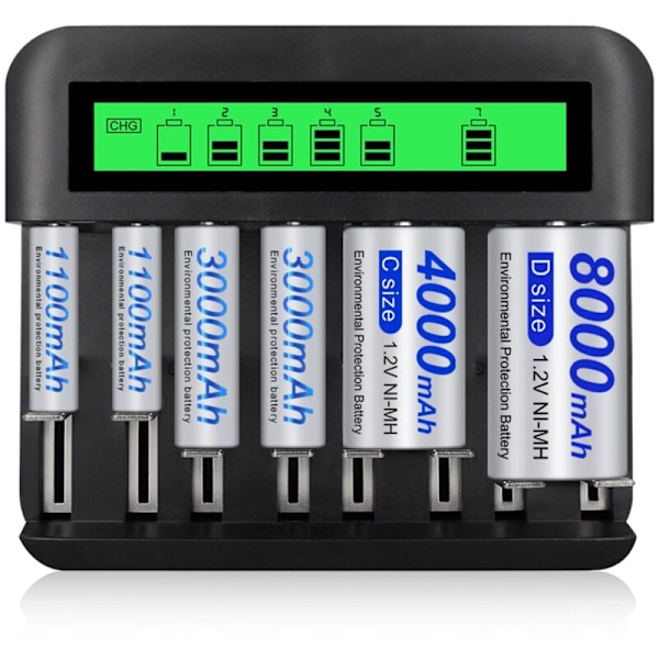 8 Slots LCD Universal Batterilader med USB Port