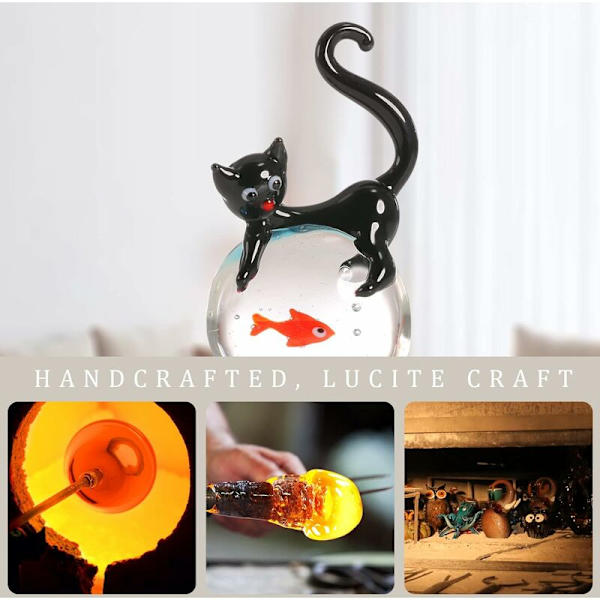 Glasskulptur med katt og gullfisk - Papirvekt - Kattkrystallstatuett - Håndlaget - Dyrefigurer - Dekorative glasspynt - Stue