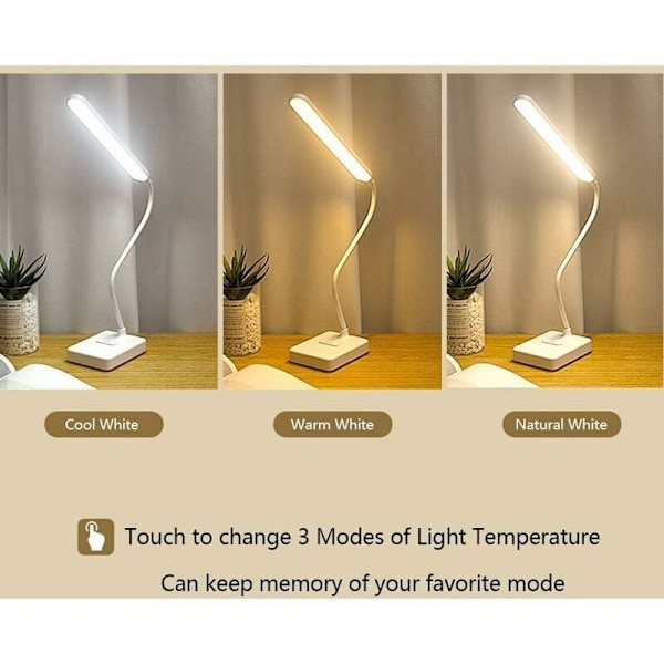 USB-laddningsbar trådlös LED-skrivbordslampa 1200 mAh batteridriven, touchkontroll 3 färger 6 justerbar ljusstyrka, bärbar bordslampa för barnläsning