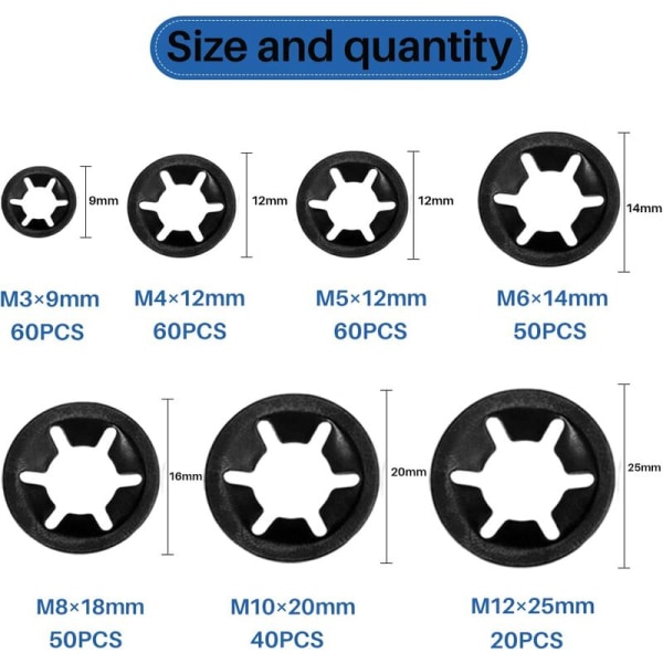 340 kpl M3/M4/M5/M6/M8/M10/M12 lukitusaluselaatat laatikolla Starlock sisähampaat lukitusaluselaatat lukitusaluselaatat valikoima musta