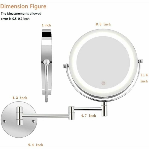 LED-belyst Makeup-spejl - 10x Forstørrende Belysning Vægspejl til Badeværelse, To-sidet Fleksibel Svanehals, 360° Rotation med USB-kabel