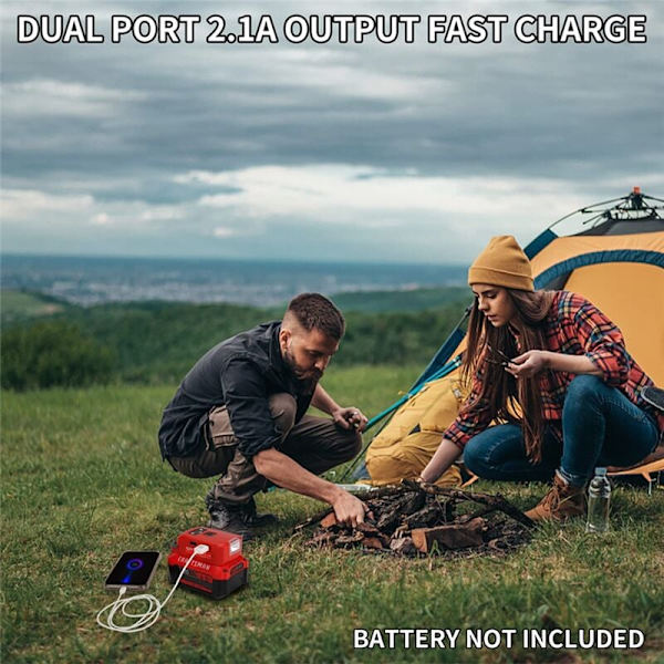 Akkuadapteri V20-akulle, USB-laturi, LED-työvalo, jossa kaksois-USB-laturi ja 12 V:n portti