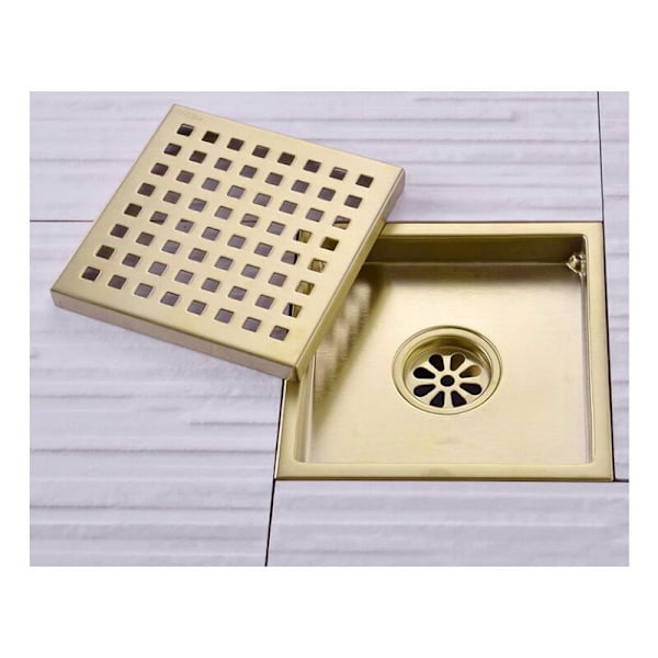 Bruserafløb, Bruserafløb Guld Rustfrit Stål Kvadratisk 15x15cm Bruserafløb Gulvafløb Gulvafløb med Gulvafløbsdæksel, Messing Deodoriserende Kerne, Bru