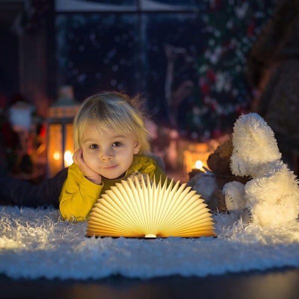 Træfoldbar LED Boglampe, Sort Valnød LED Bordlampe, Natlys USB Genopladelig Boglampe Stemningslys (9122.5cm)